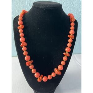 VTG Coral Color Plastic Necklace Chunky Nugget & Round Beads Boho Cottage Core